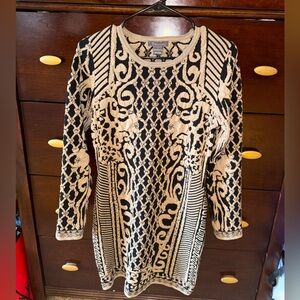 Gracia Black & Cream Intricate Patterned Long Sleeve Jacquard Dress